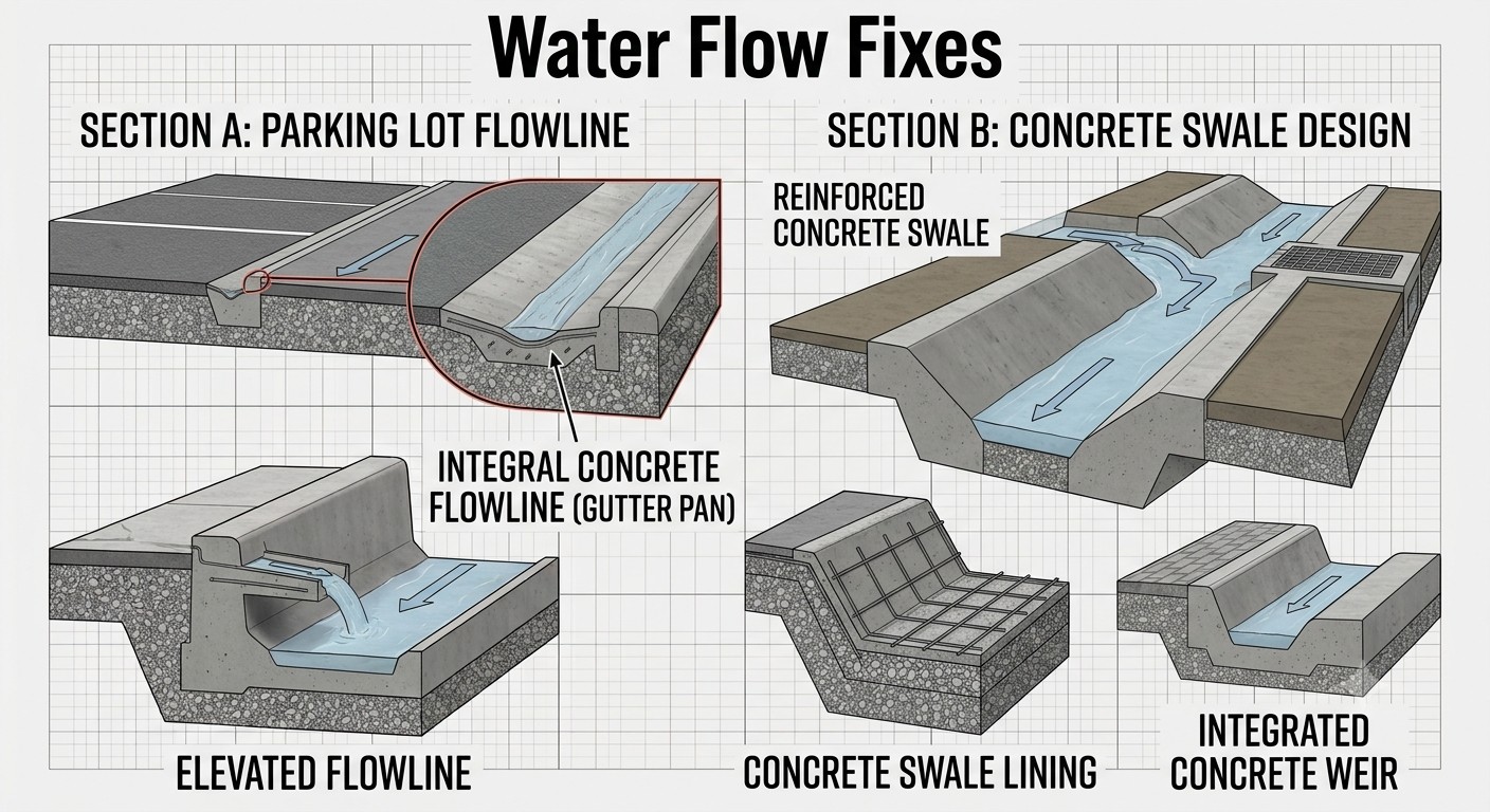 Water Flow Fixes with Concrete Flowlines & Swales in Los Angeles